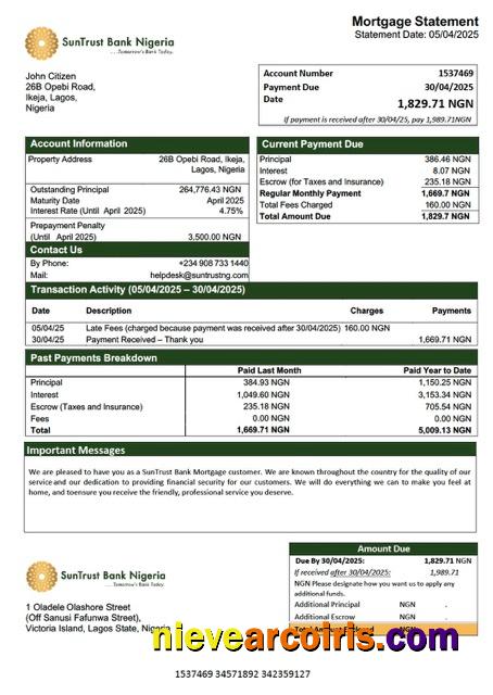 Nigeria SunTrust Bank mortgage statement Word and PDF template